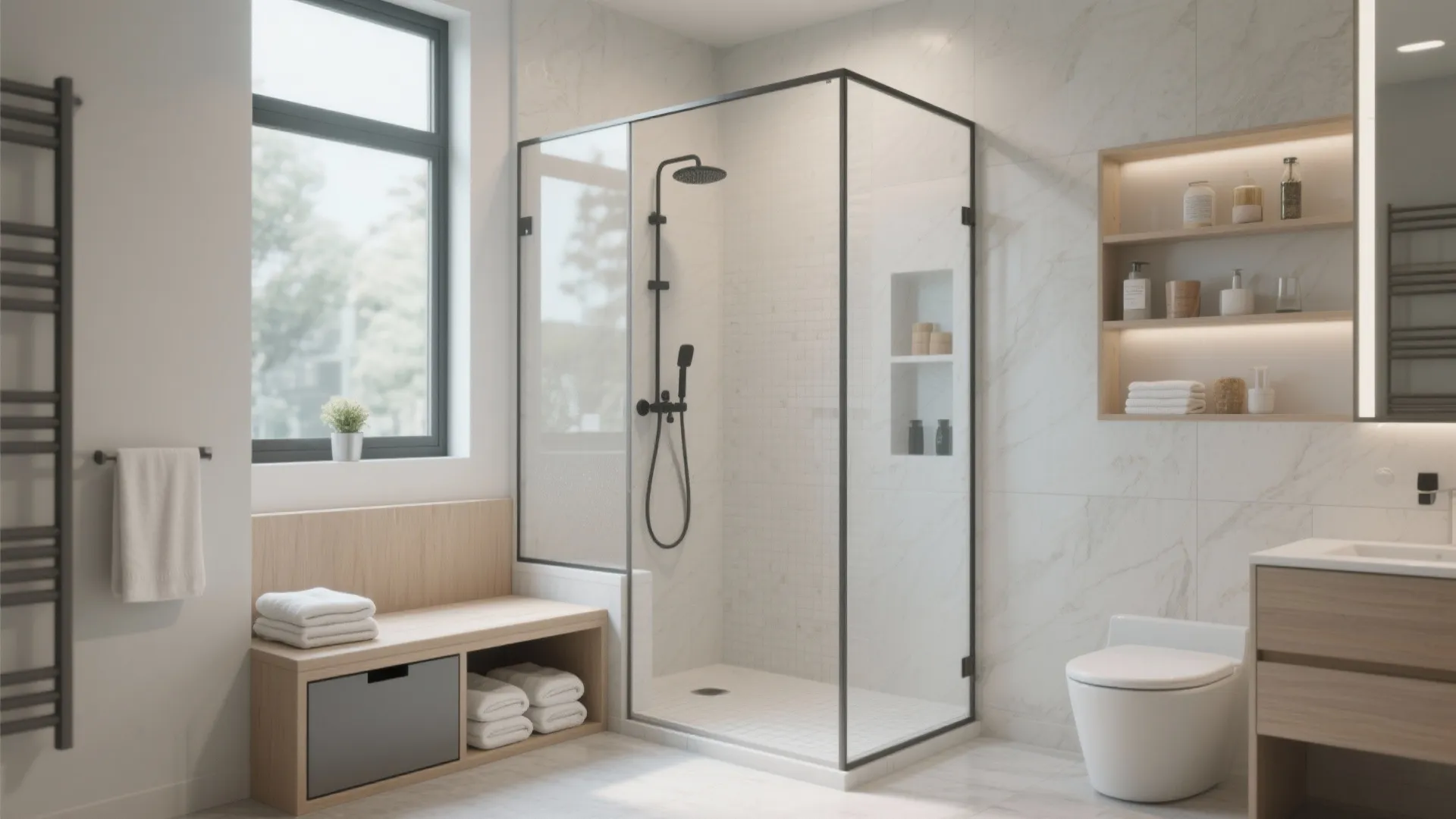 Under-bench drawer in a shower storing towels