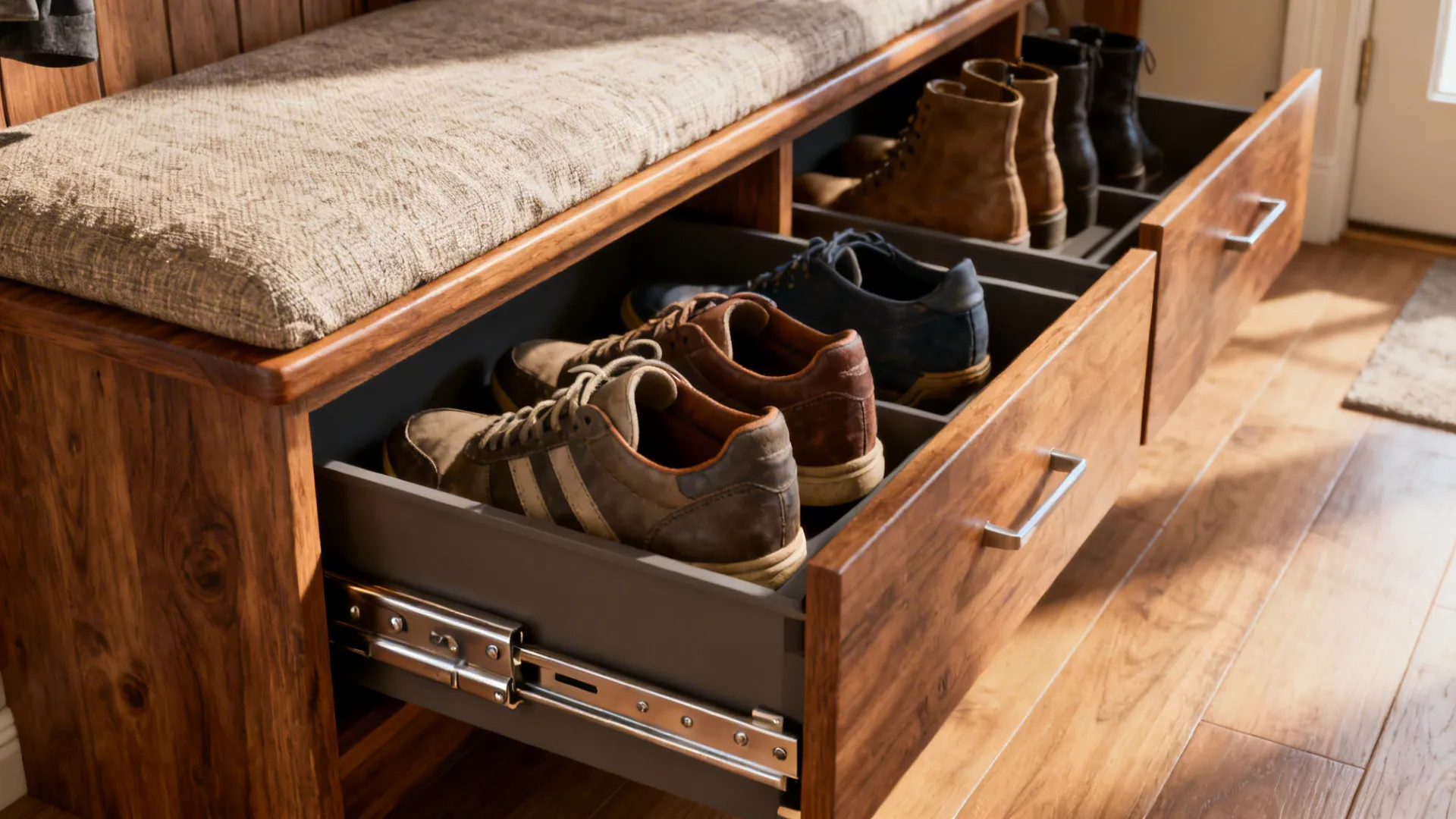 Pull-out shoe trays under a mudroom bench with shoes neatly stored inside.