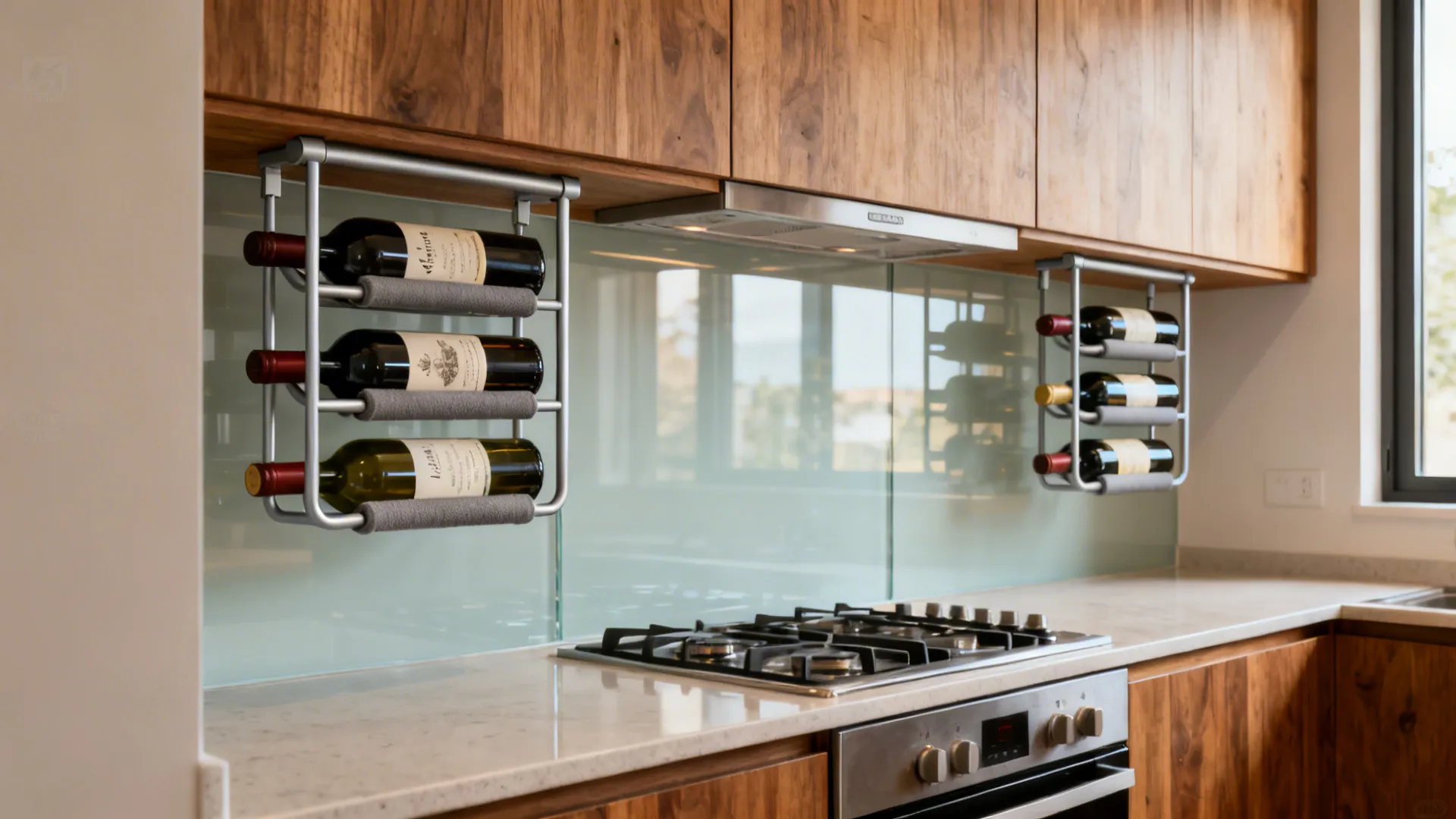 Under-cabinet hanging wine cradles keep 3–5 bottles within reach in a compact prep zone.