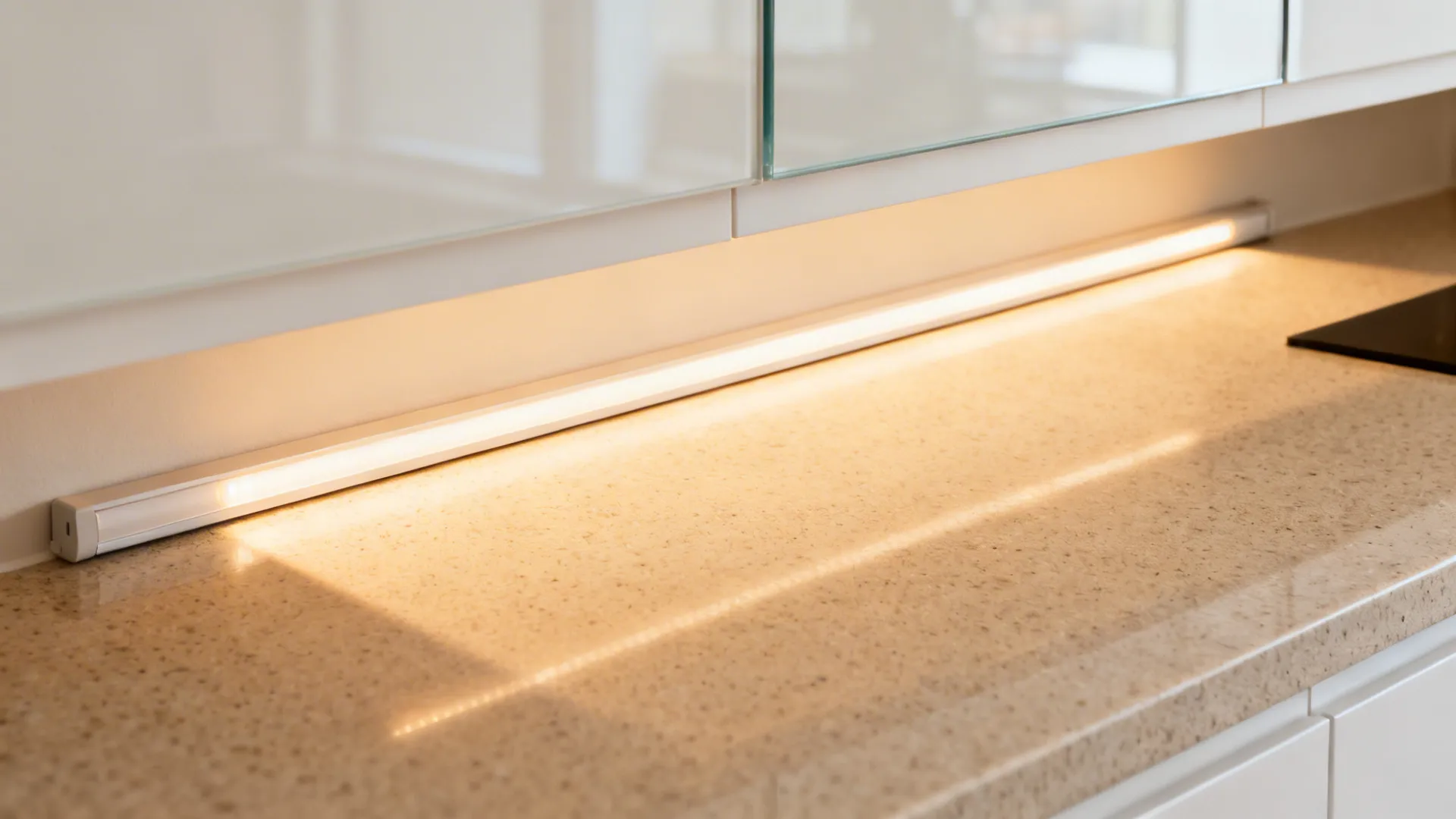 Macro of warm LED under-cabinet strip evenly lighting a quartz counter and backsplash.