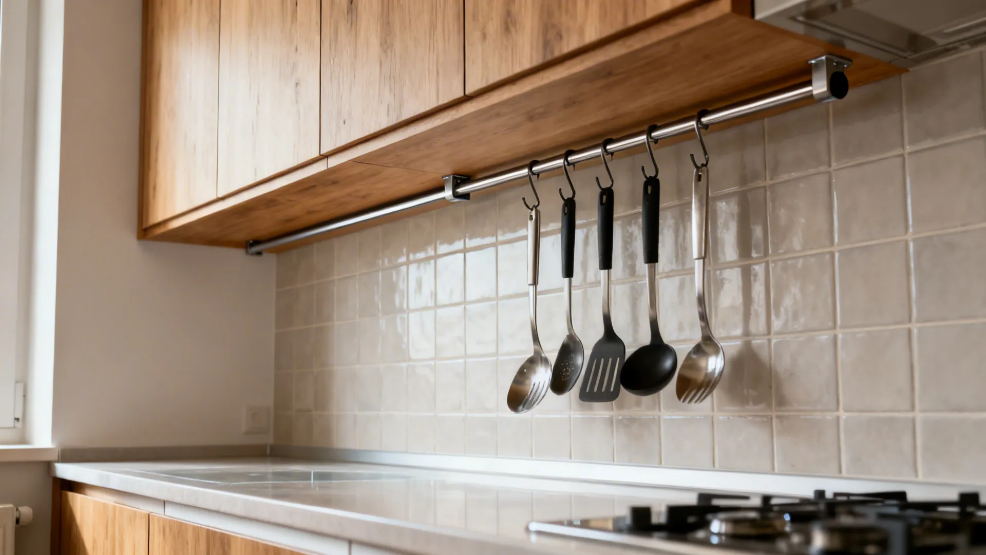 Slim under-cabinet rail with drop-down hooks holding utensils above the counter.