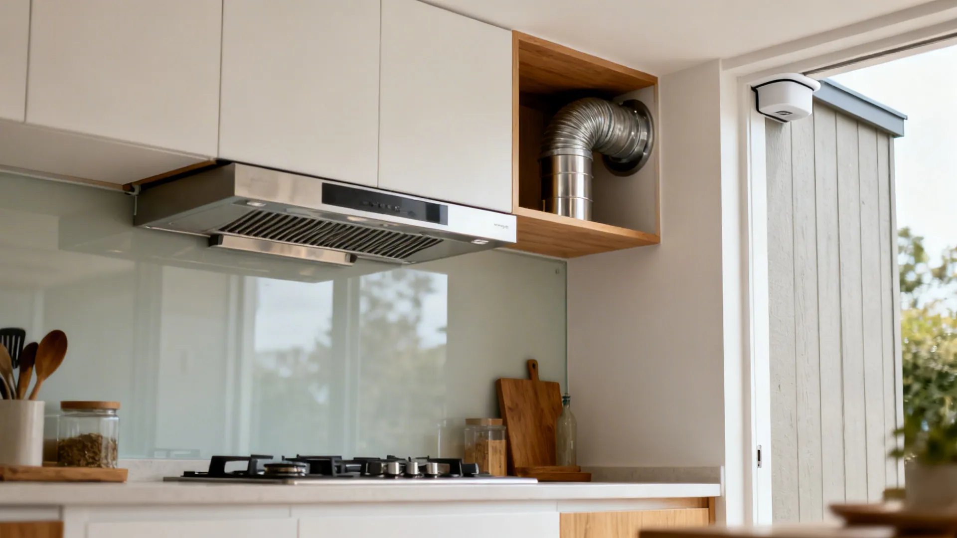 Under-cabinet ducted hood with rear discharge maintains storage and vents outdoors.