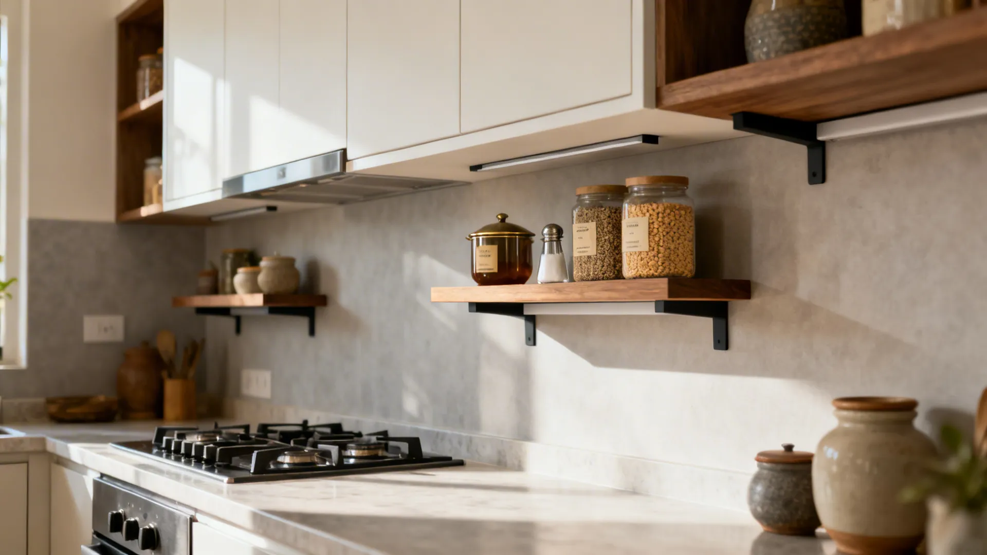 Under-cabinet shallow shelves for daily staples installed above the countertop.