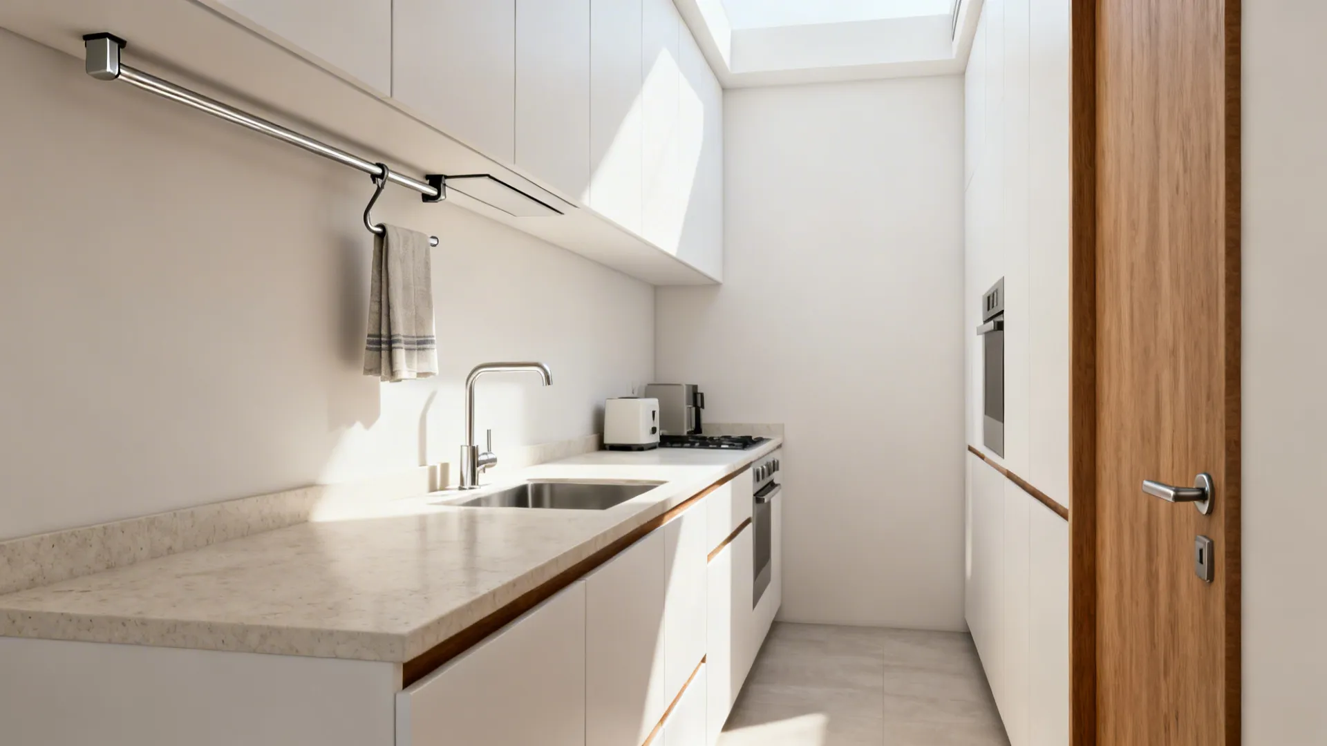 Slim under-cabinet swing arm towel bar near the sink in a narrow galley kitchen.