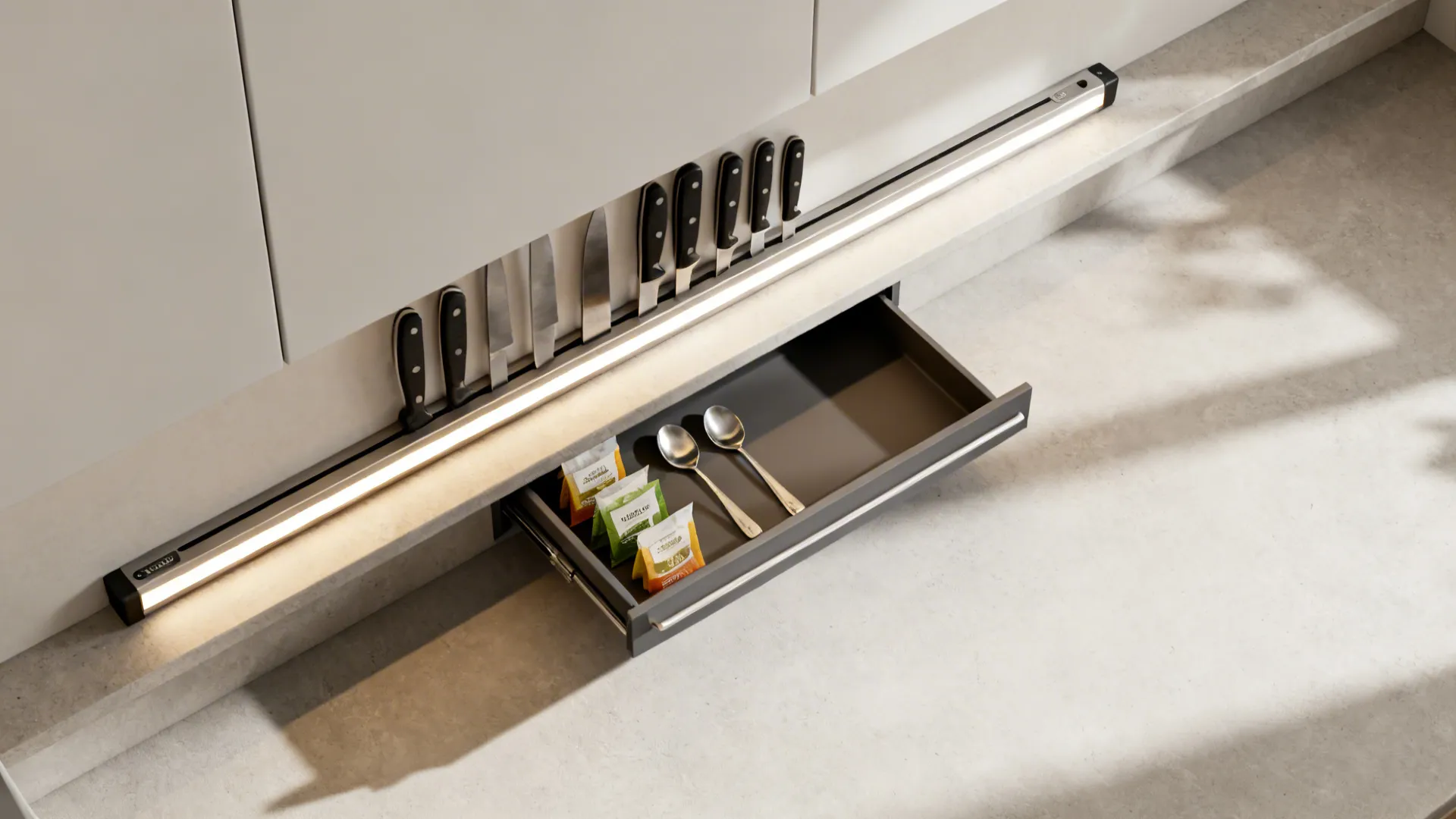 Top-down view of under-cabinet magnetic knife strip and slim drawer aligned with task lighting.