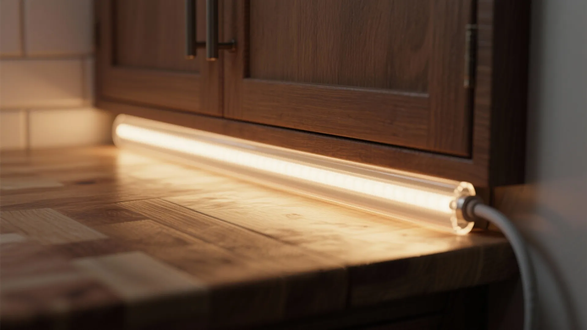 Warm light fixture installed under dark wood kitchen cabinet shining on a light wooden countertop