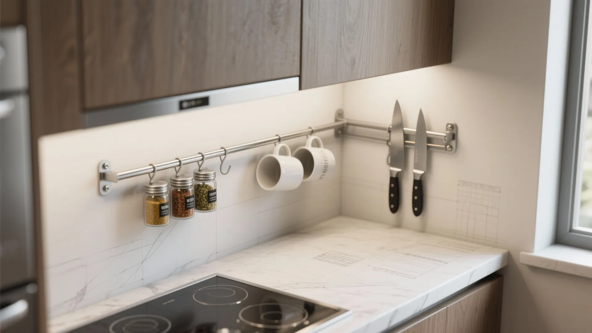 Modern kitchen with white marble countertop featuring wall mounted rail for spice jars and mugs