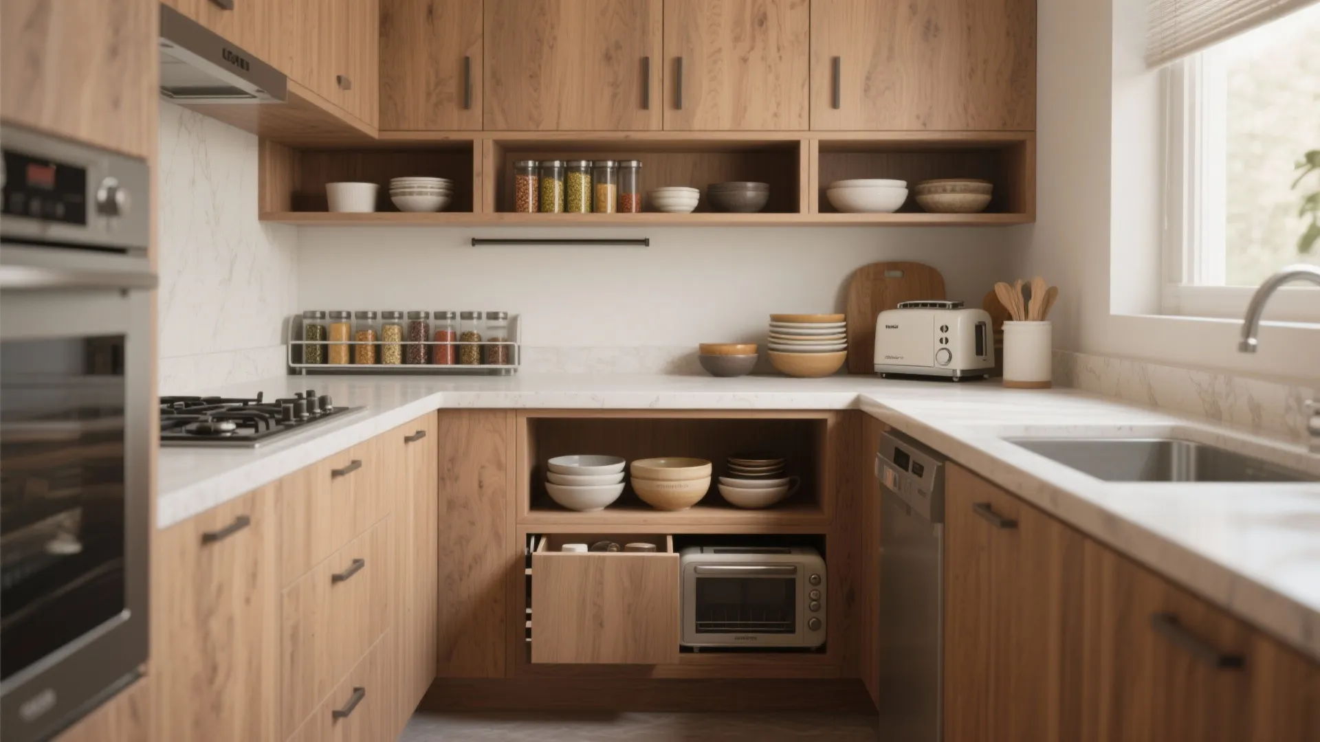Wooden kitchen cabinets with white countertop toaster oven and open shelves for storage glass jars