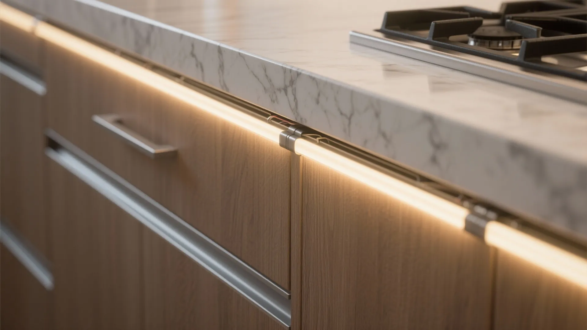 Close up of kitchen cabinet with integrated led light strip under a marble look countertop