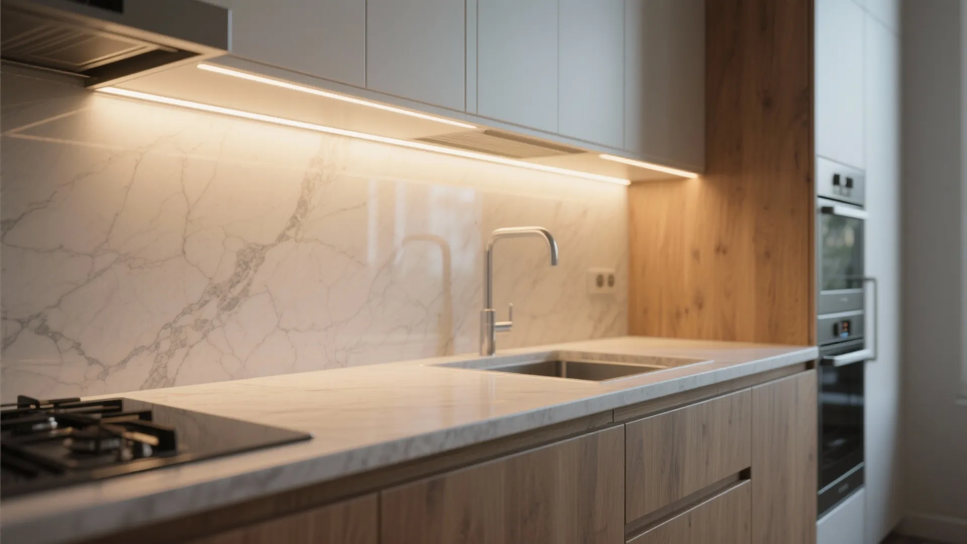 Modern kitchen with marble backsplash wooden cabinets under cabinet light fixture silver faucet and oven