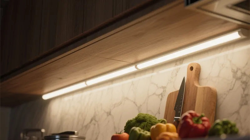 Modern Kitchen Under-Cabinet Lighting with Marble Backsplash