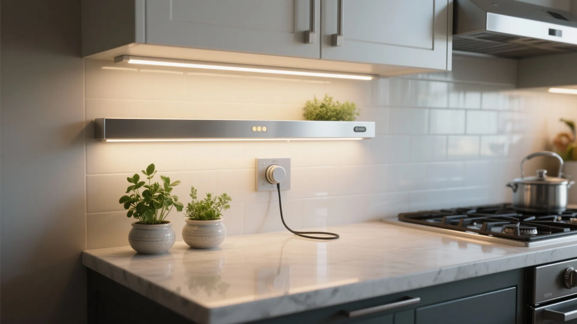 Modern kitchen counter with marble top featuring warm under cabinet light fixture potted plants and stove