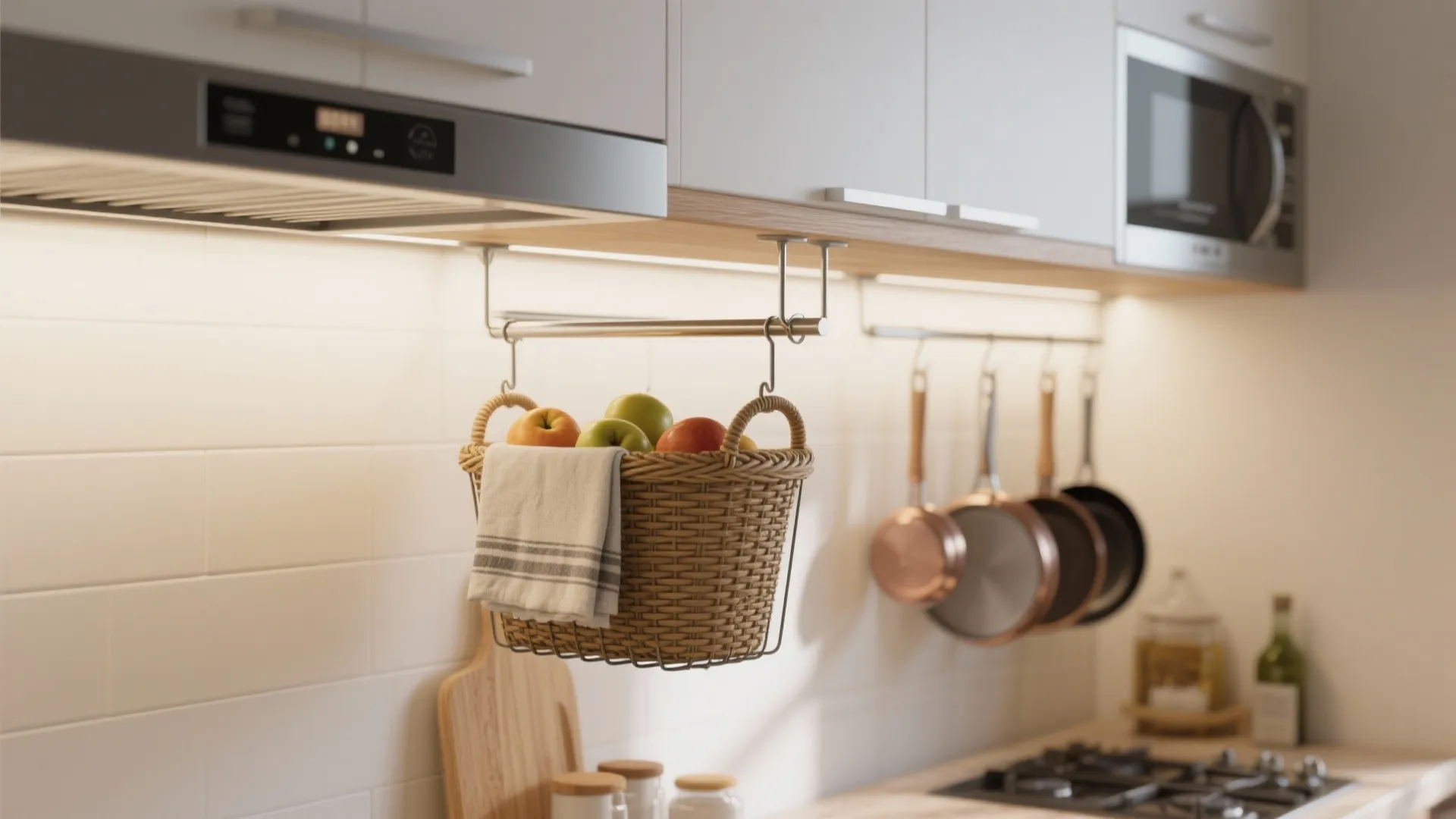 Under cabinet hanging basket with fresh apples and a towel in a modern white kitchen