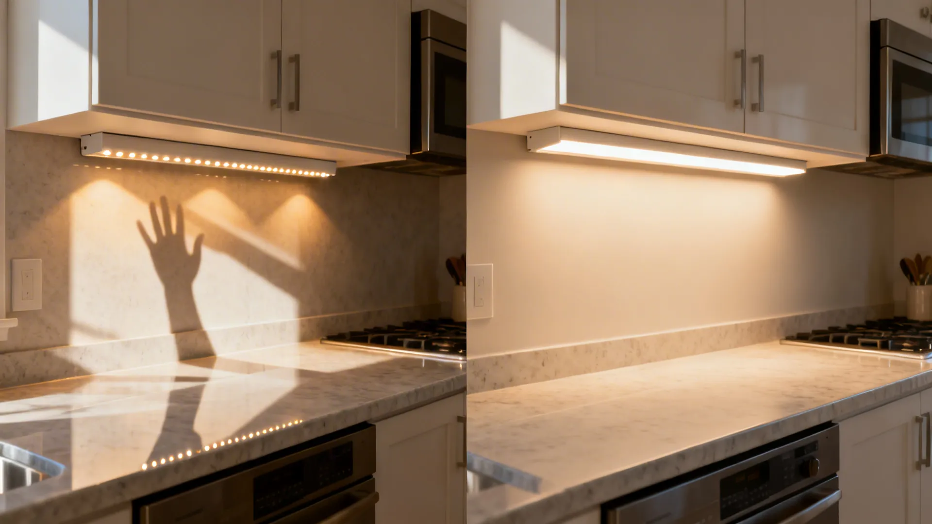 Before-and-after of under-cabinet lighting placement showing shadows versus even diffused task light.