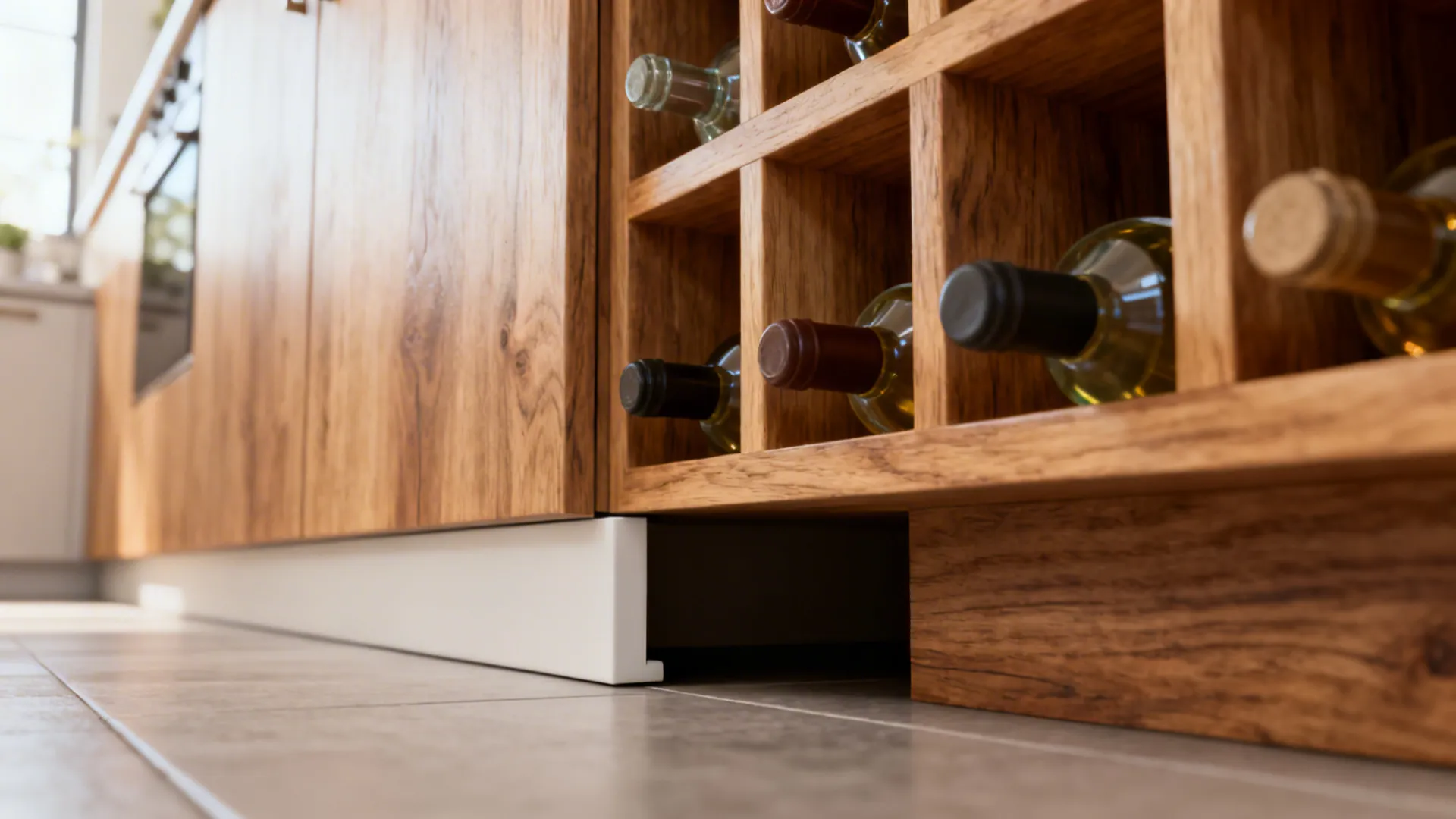 Under-cabinet wine cubbies built into a kitchen toe-kick holding bottles horizontally.