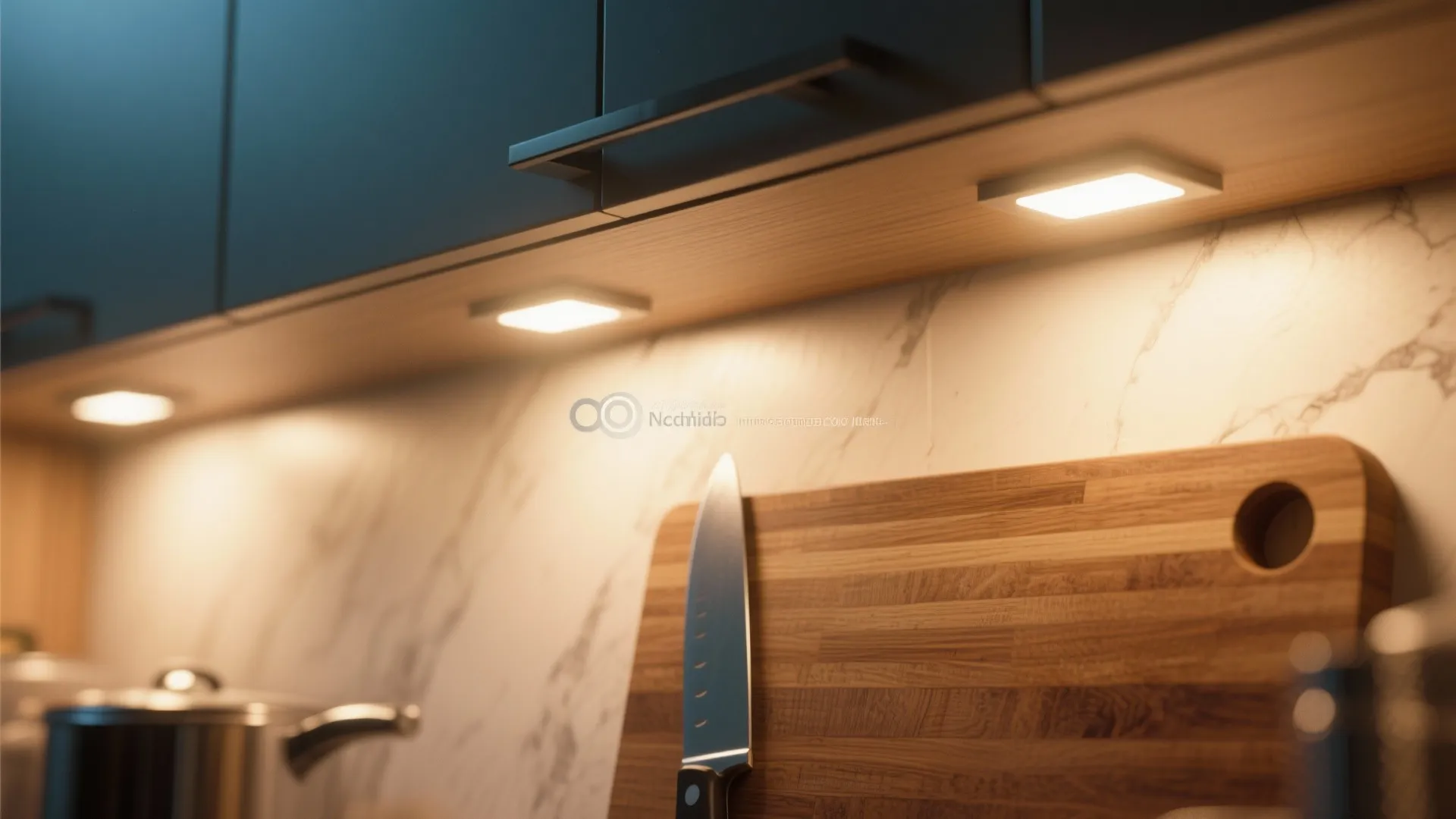 Warm light fixture installed under kitchen cabinet illuminating a wooden cutting board on marble wall