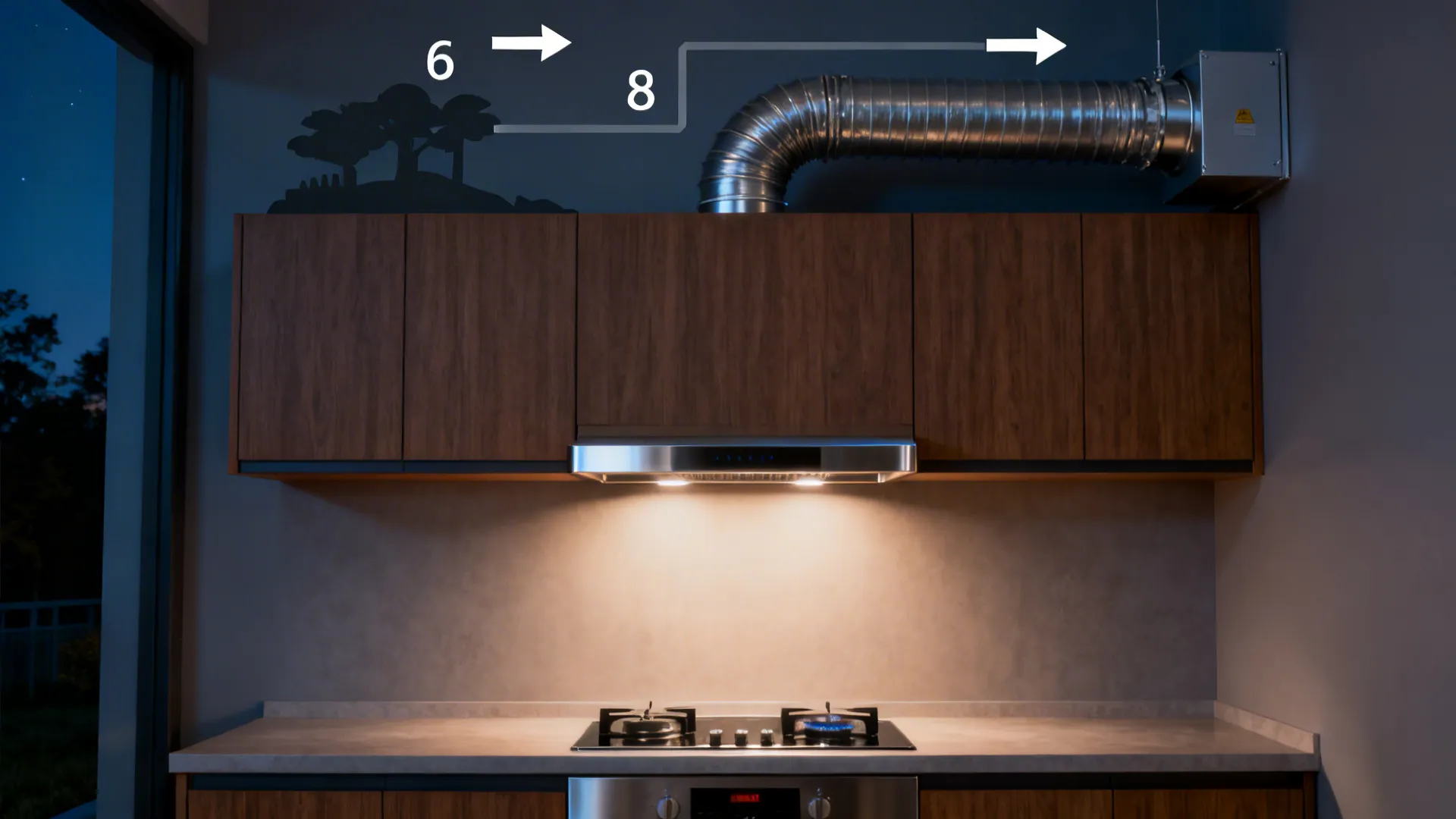 Under-cabinet hood in a compact kitchen routed to an external inline blower with rigid duct.