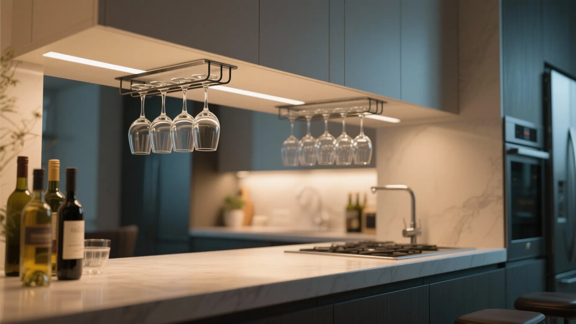 Modern kitchen island with marble countertop wine bottles and hanging wine glasses under grey cabinets