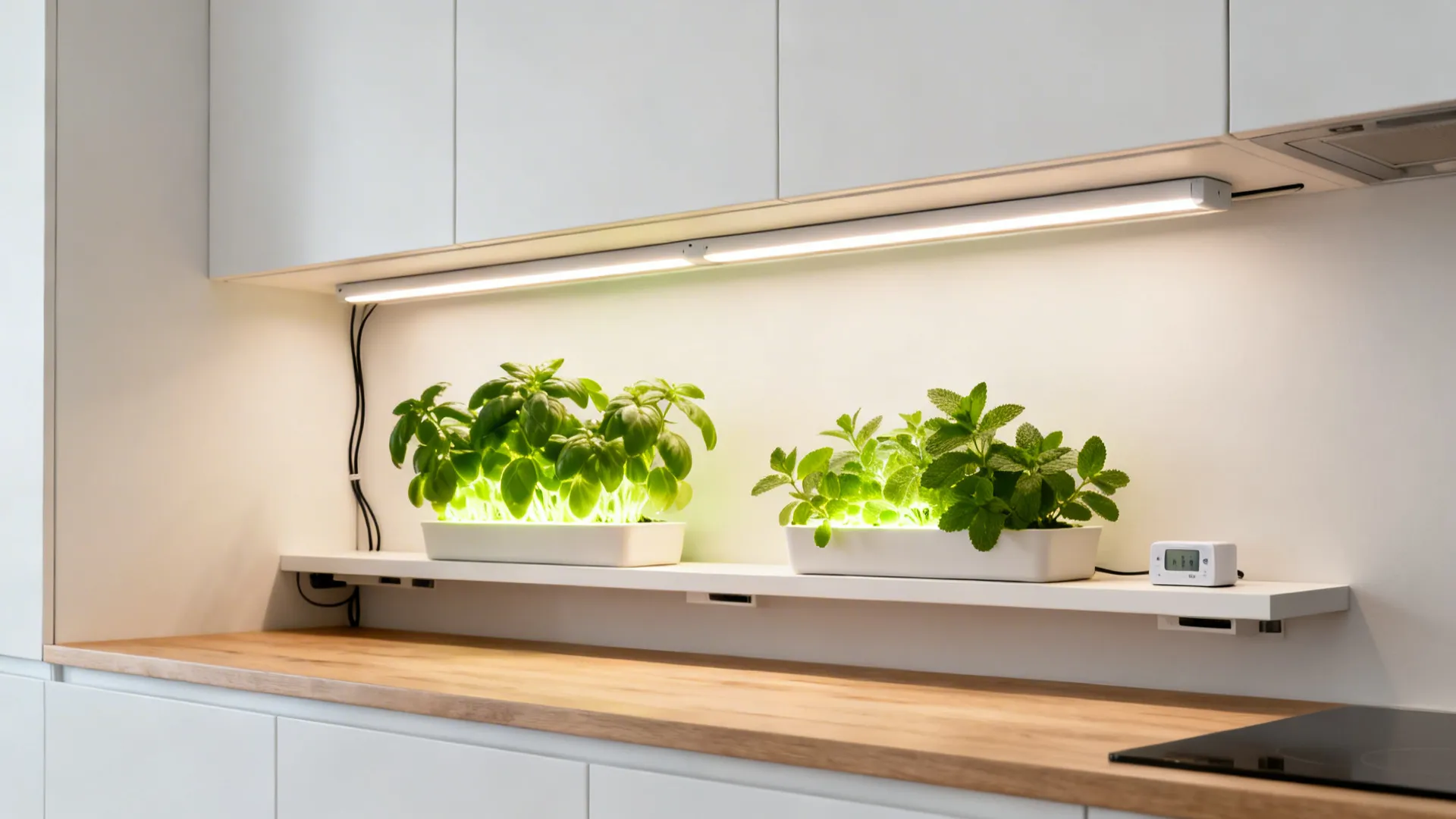 White kitchen cabinets with light fixture illuminating green herbs in pots on a wooden counter shelf