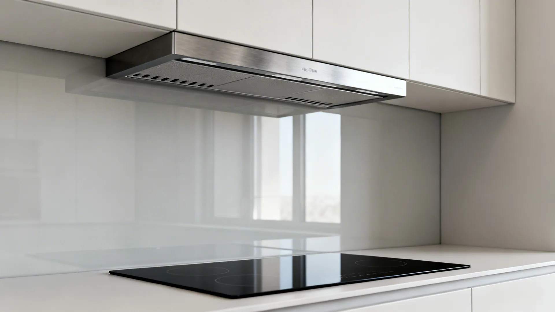 Slim under-cabinet hood aligned with upper cabinets above an induction cooktop.