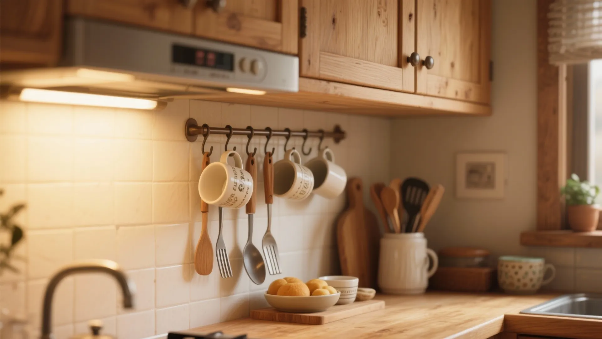Under-cabinet hooks holding mugs and utensils in a small kitchen