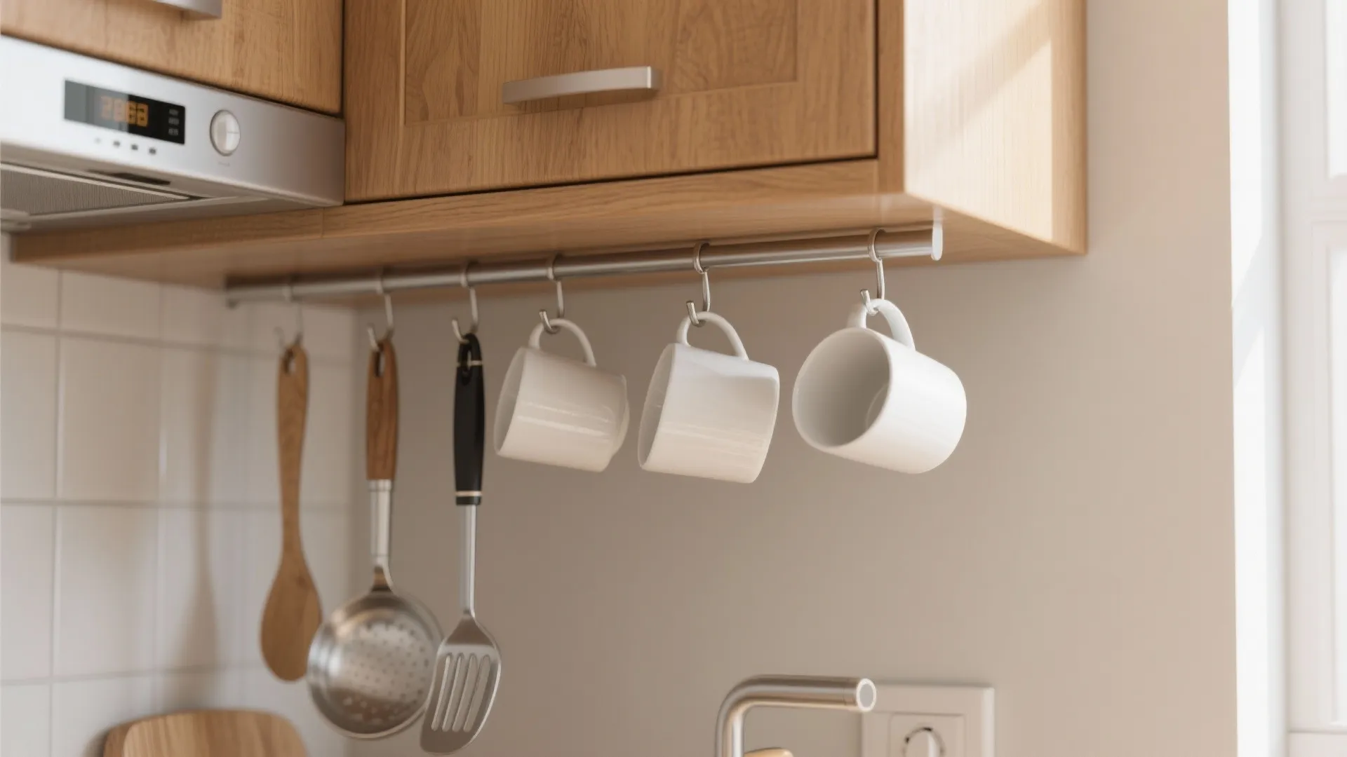 Under-cabinet hooks holding mugs and utensils in kitchen