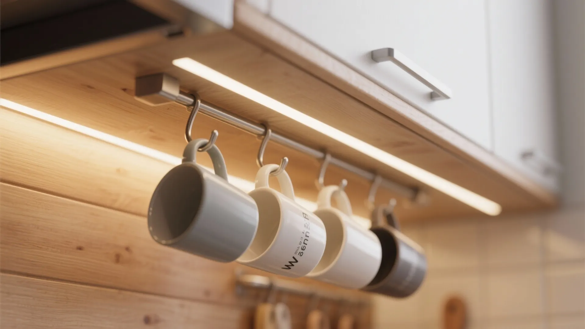 Neatly hung mugs under kitchen cabinets with warm lighting