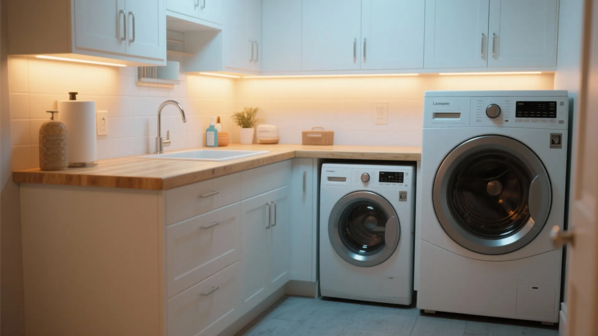 White laundry room cabinets with warm under cabinet light fixture wood countertop sink and washing machines