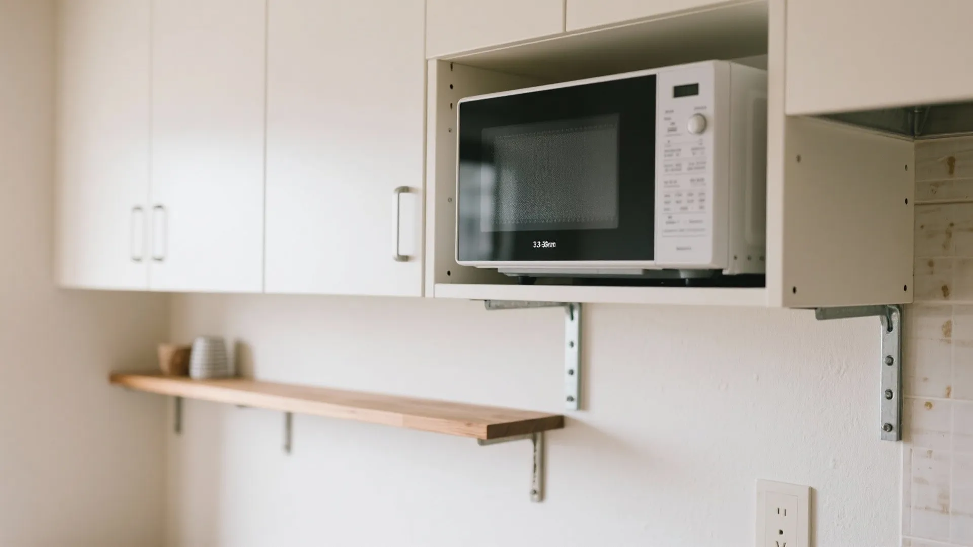 Tips 4: 吊り棚下に“耐荷L字金具＋浅型天板”（日式風格の軽さを保つ）