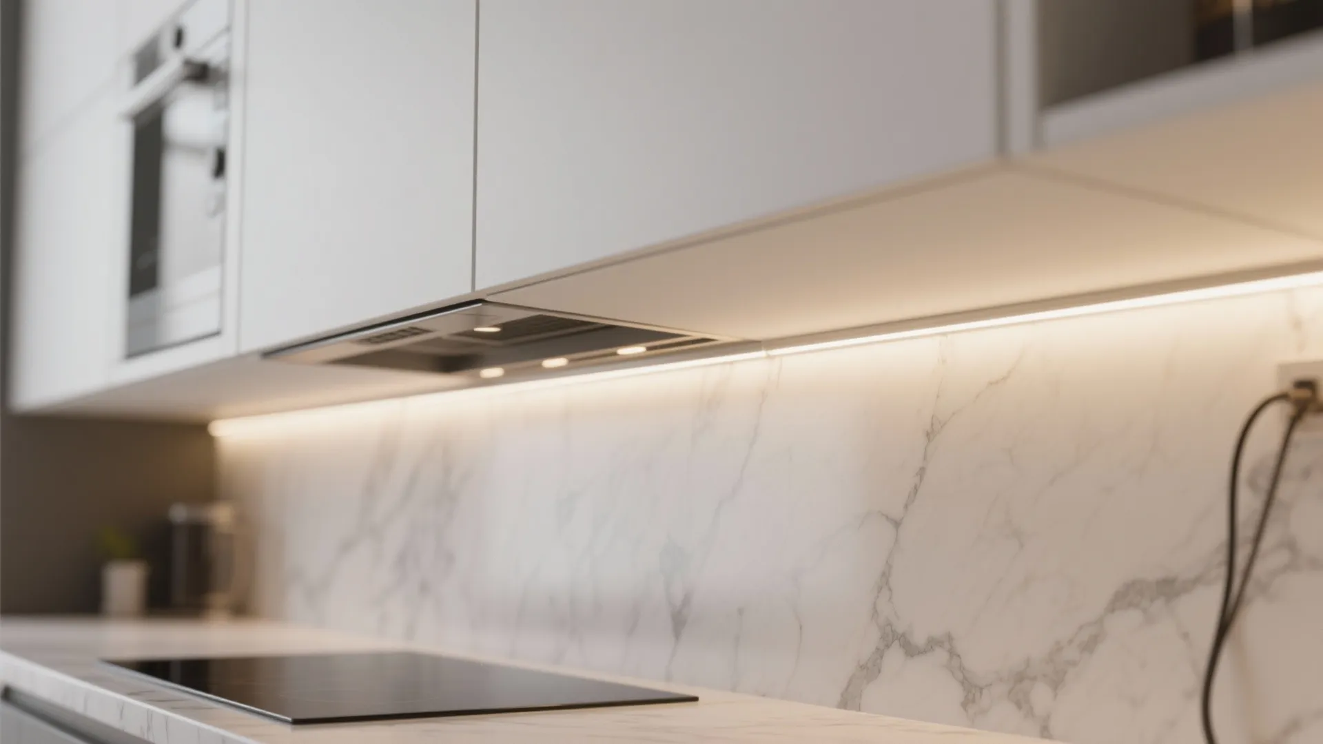 Close up of kitchen cabinet with warm led light strip installed over white marble backsplash