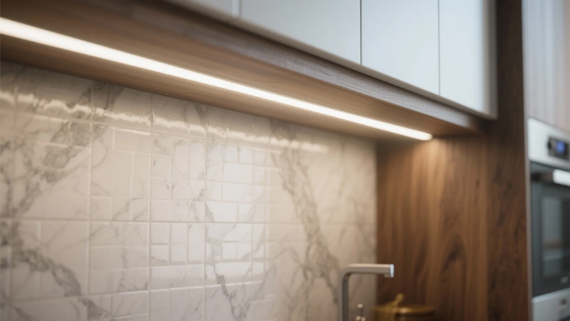 Kitchen counter with white marble wall tiles and warm led light strip under the cabinet