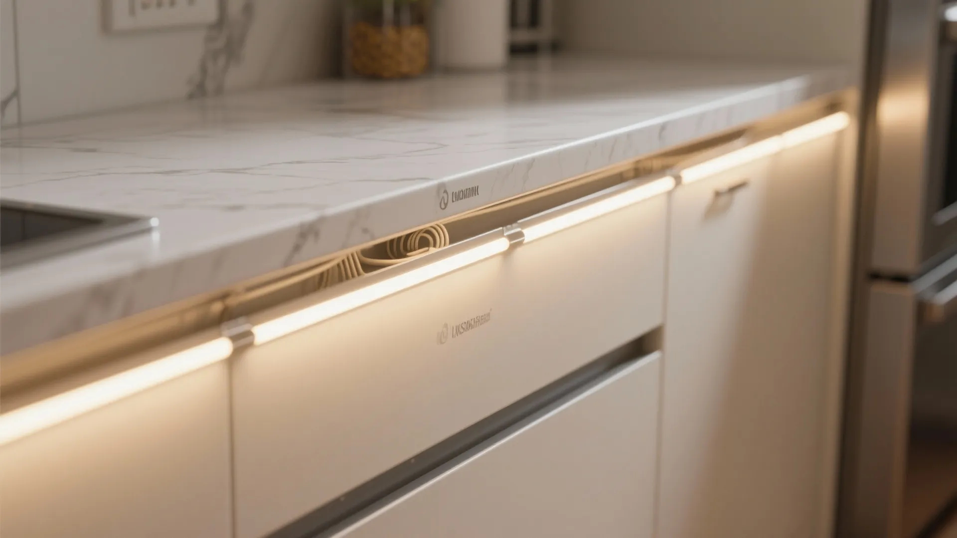 Modern white kitchen cabinet with bright led light strips installed under a marble style countertop