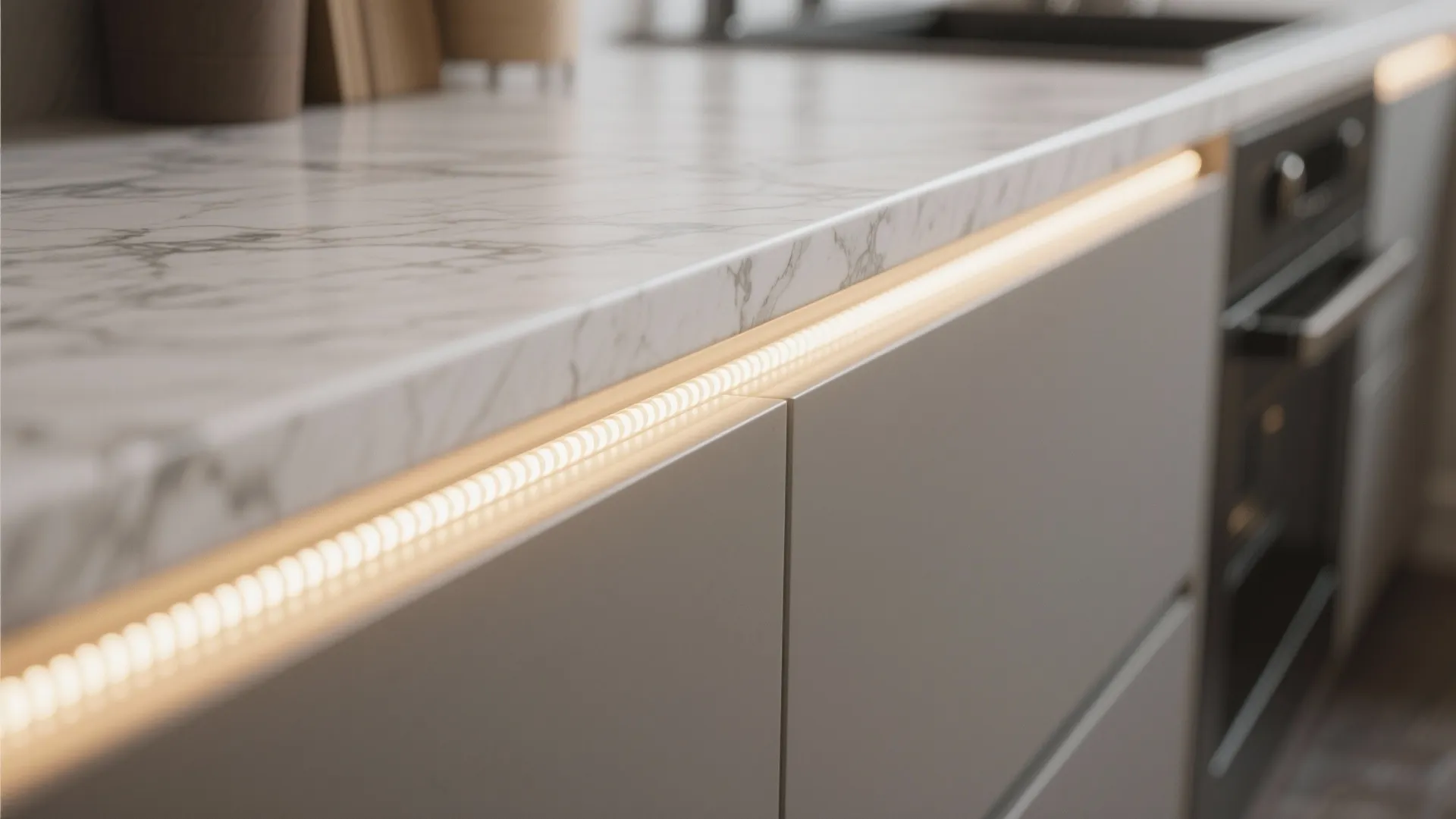 Under-cabinet LED strips casting warm light on countertop