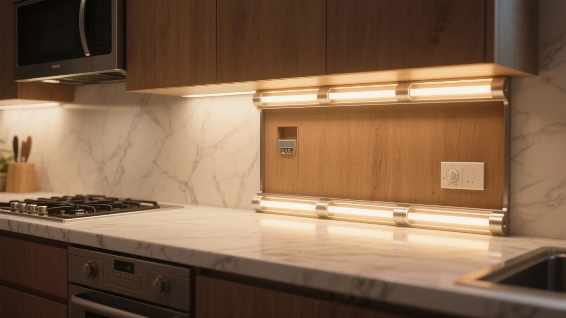 Kitchen counter with marble surface and led light fixture installed underneath the dark wood cabinets