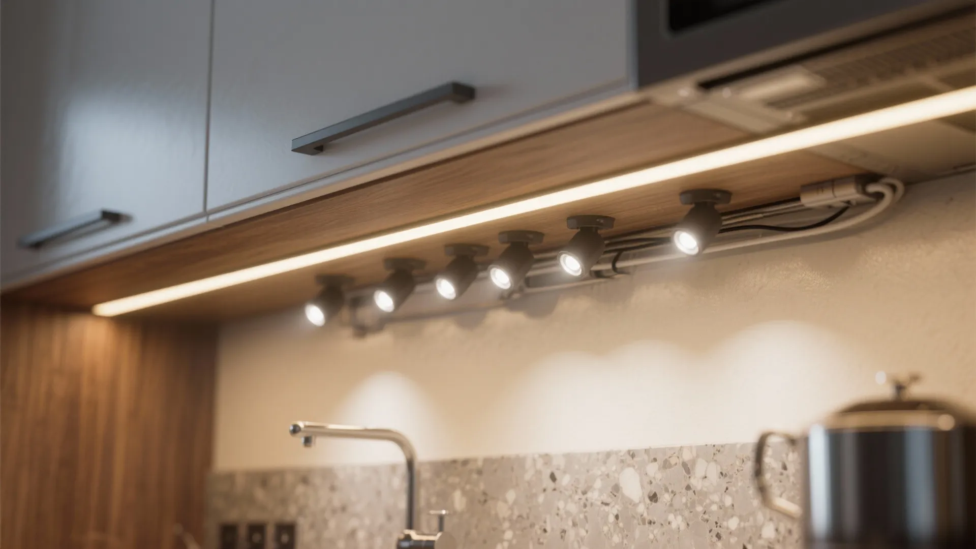 3. Under-cabinet strip + mini spots for real task lighting
