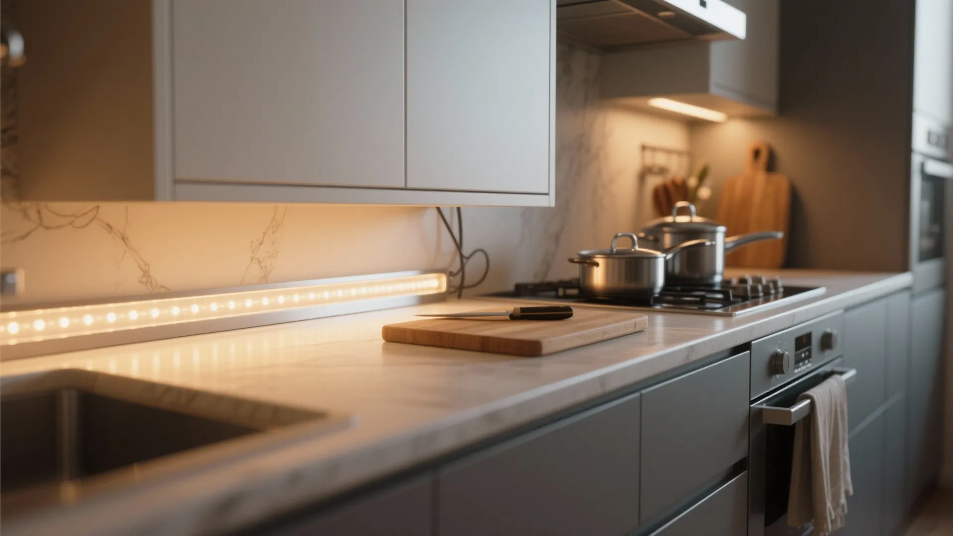 Modern grey kitchen with warm light fixture under cabinet wood cutting board and stainless steel pots