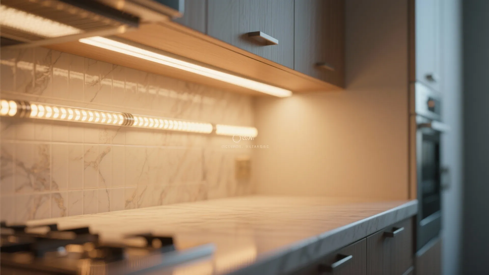 Close-up of warm under-cabinet LED strip lighting illuminating a countertop and backsplash with minimal shadow.