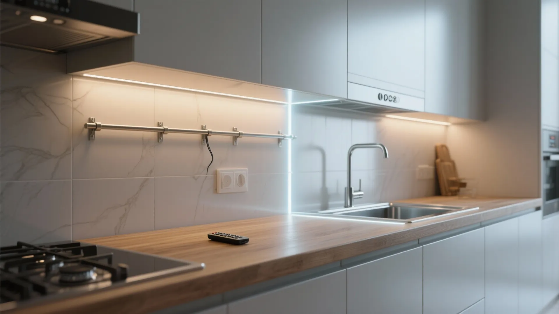 Modern kitchen under-cabinet LED strips showing two remote-controlled lighting zones.