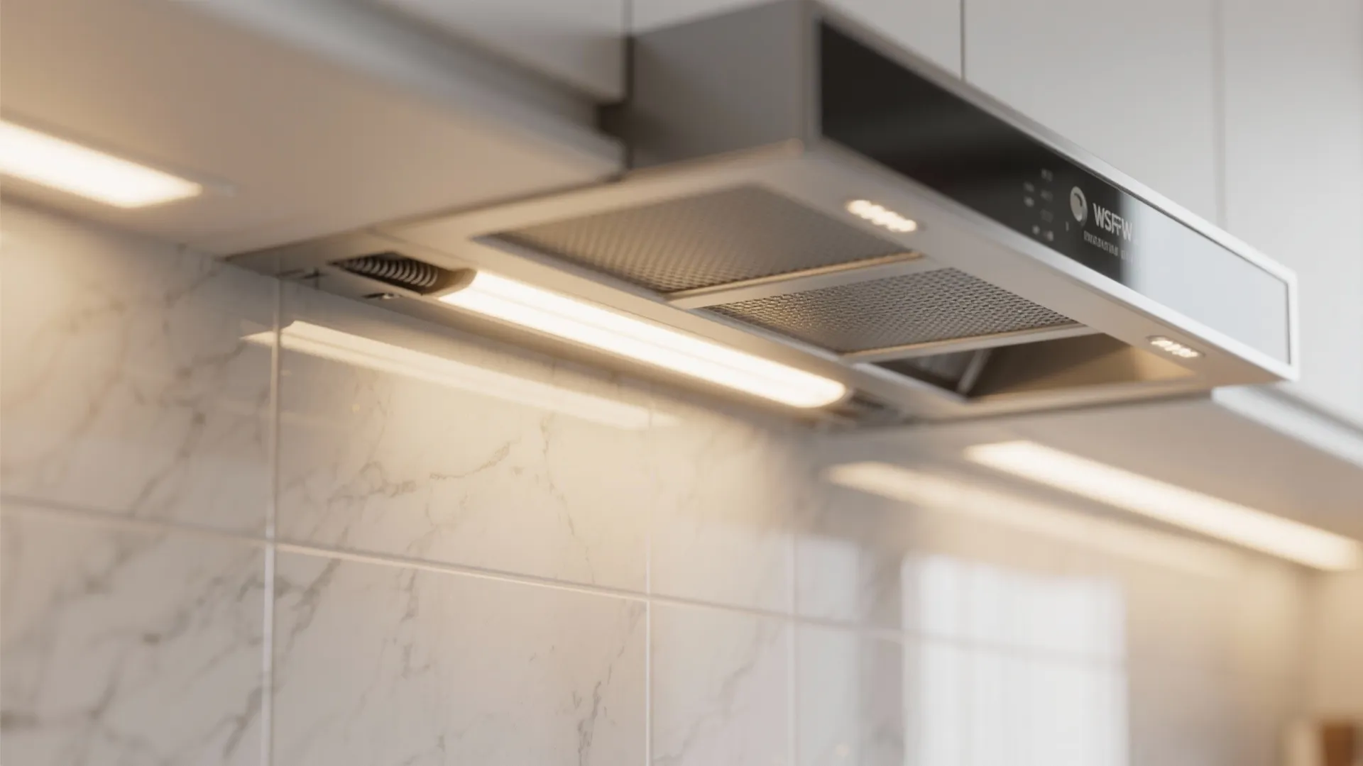 Macro of under-cabinet LED strip casting task light on quartz counter and satin glass backsplash near a chimney hood