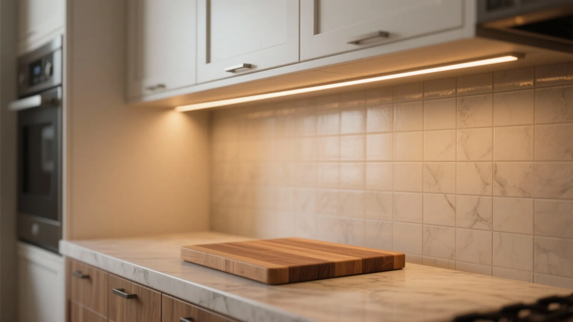 1. Layered lighting with under-cabinet strips