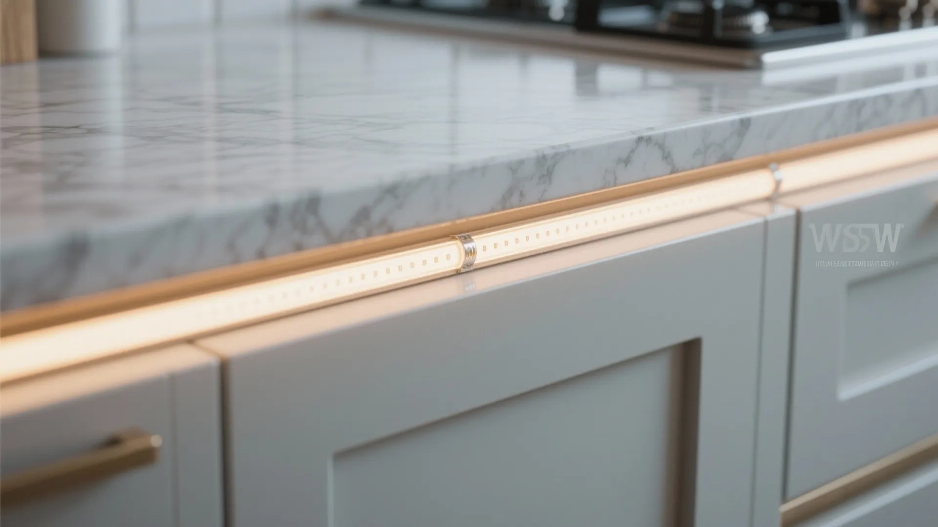 Close up of led light strip installed under marble countertop edge on white kitchen cabinet