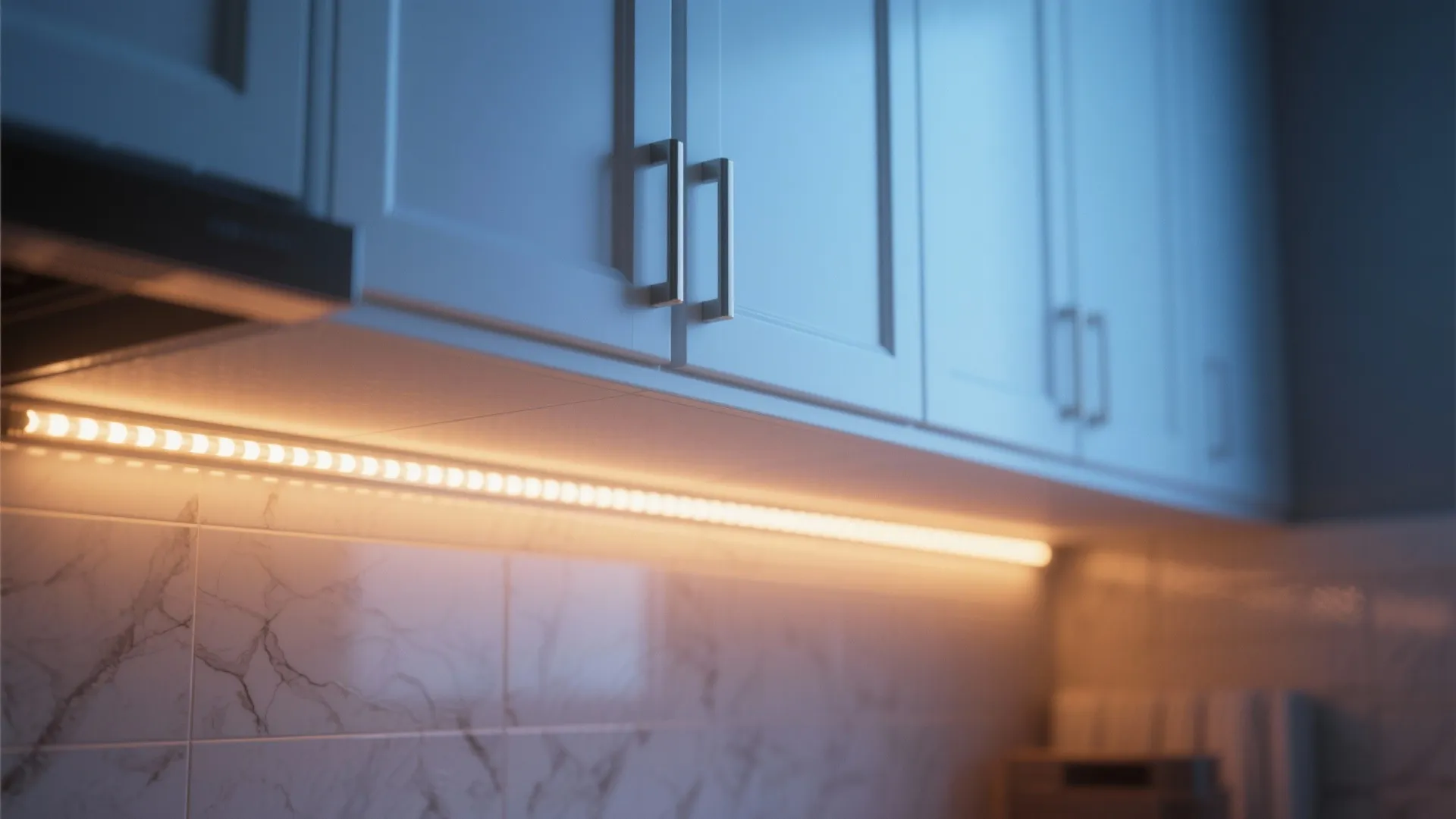 Modern white kitchen cabinet with warm yellow led light strip installed underneath over marble backsplash