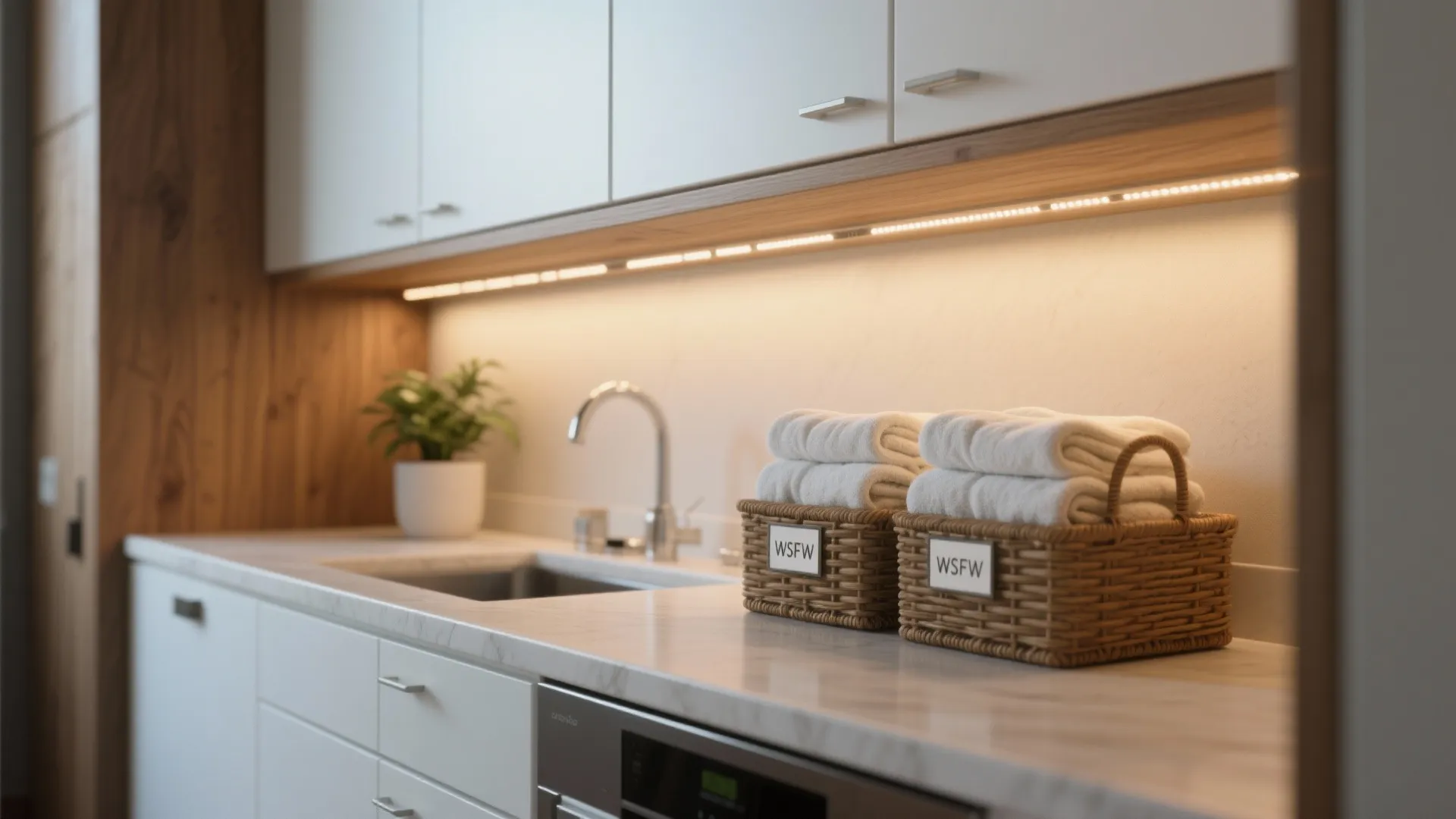 Modern kitchen with warm LED light strip under white cabinets and towels in woven baskets