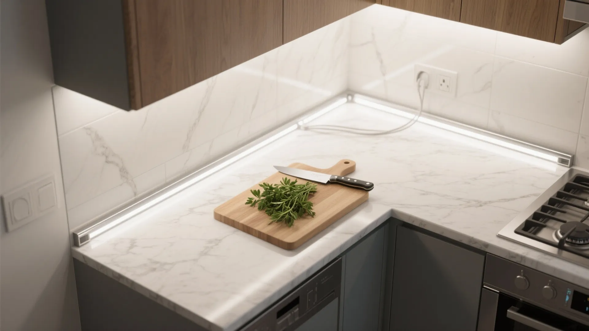 Under-cabinet LED strips for shadow-free prep