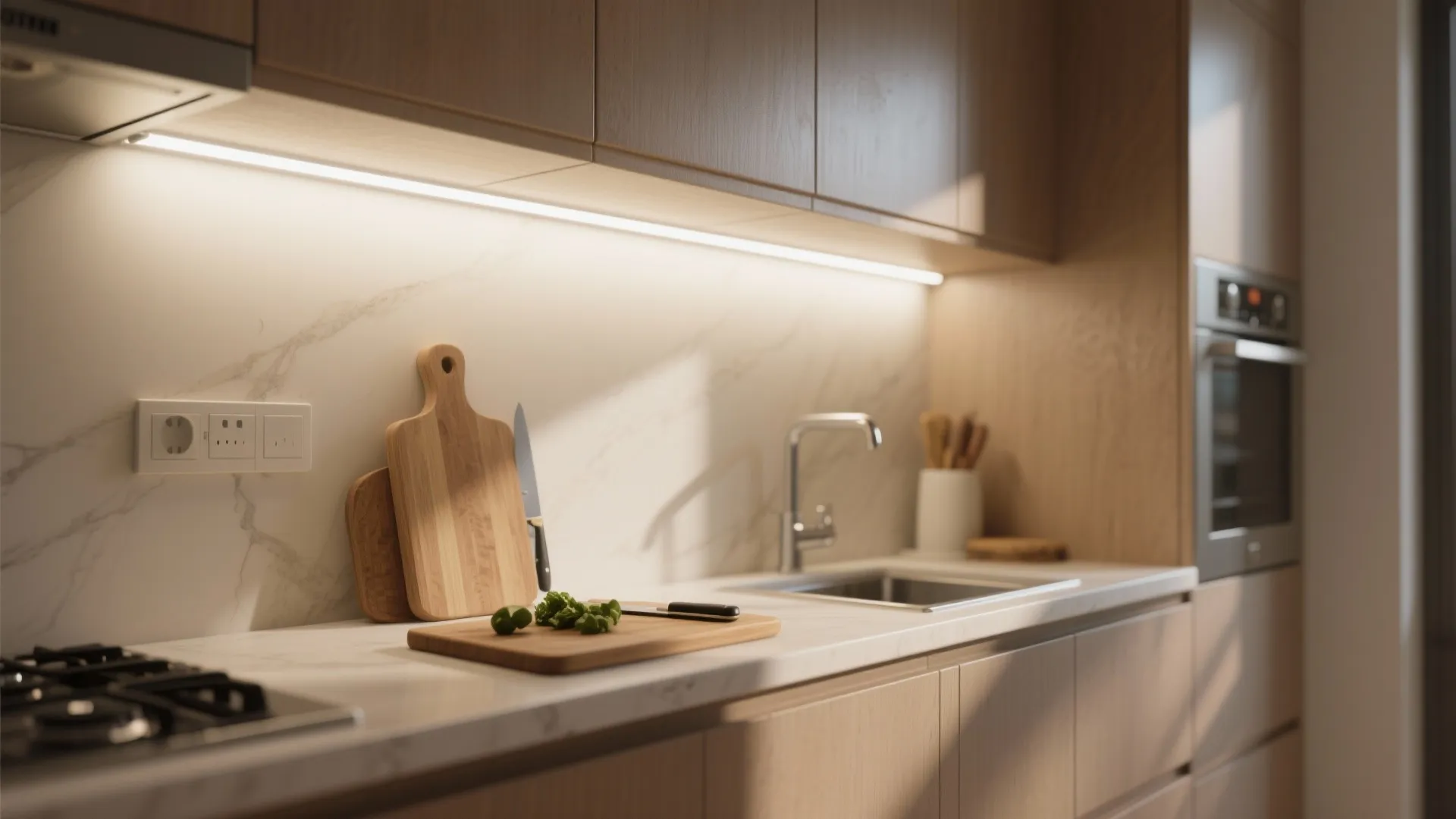 Modern kitchen with white marble counter wood cabinet and bright led strip light under top shelf