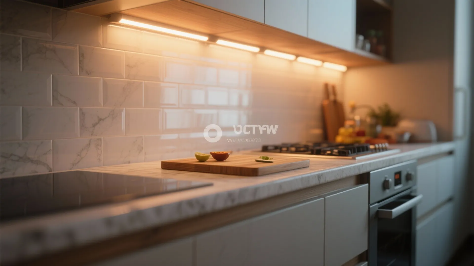 Under cabinet light strip illuminating a kitchen counter with cutting board and white subway tiles