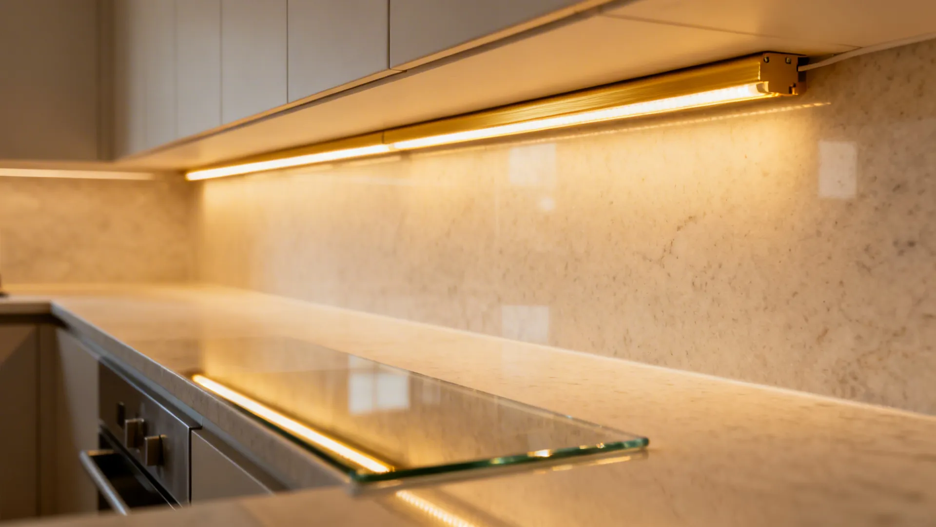Macro of a slim under-cabinet LED strip casting warm light on a quartz and glass backsplash.
