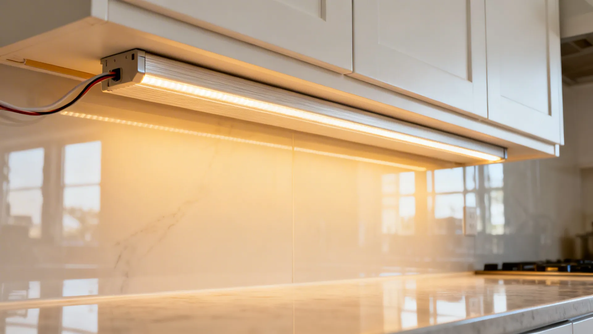 Recessed under-cabinet LED strip with diffuser casting an even 3000K glow on the backsplash.