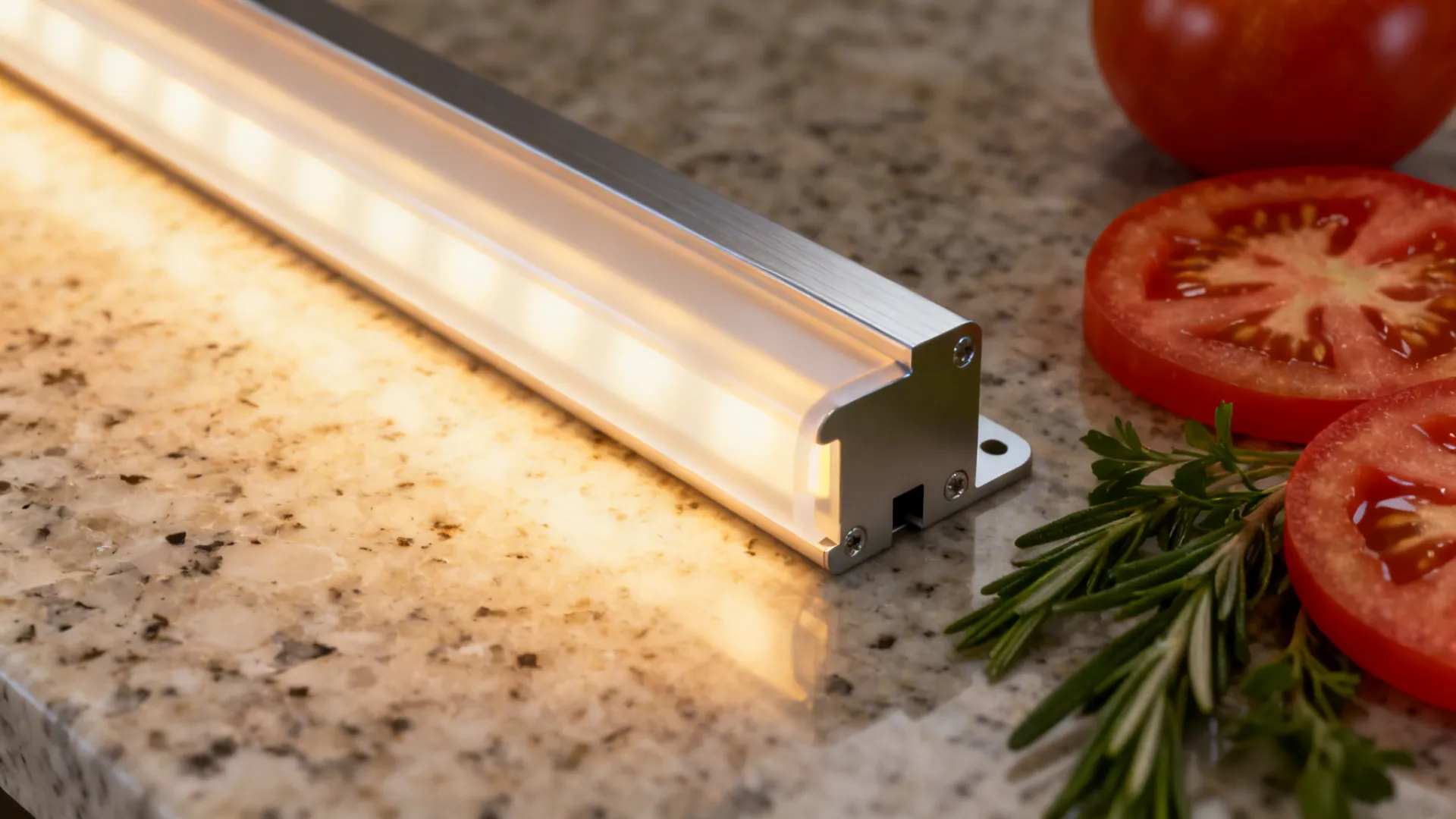 Close-up of under-cabinet LED with diffuser lighting a quartz counter and fresh ingredients.