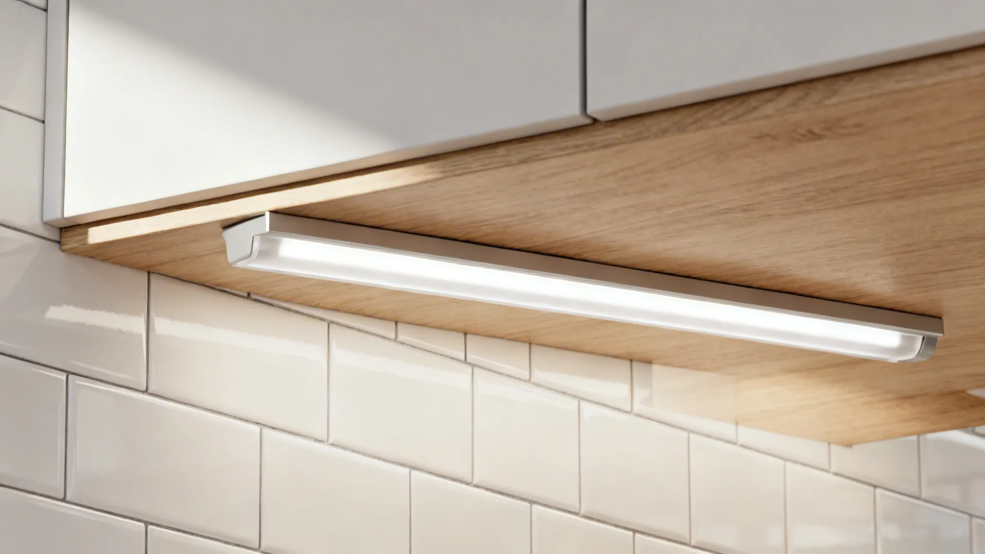 Macro view of under-cabinet LED strip in a frosted aluminum channel casting even task light on a wood countertop.